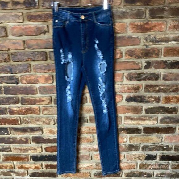 BOB Jeans Faded Dark Wash Blue Denim Distressed Skinny Jeggings Size 7/8 - Picture 1 of 6